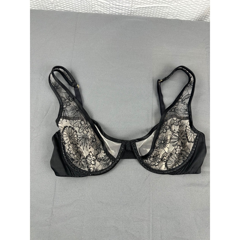 Victoria's Secret Lace Unlined Demi Balconette Bra Black Sheer Floral 32D